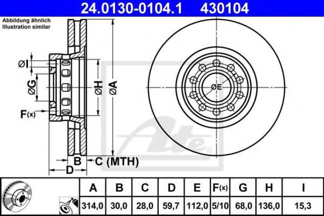 Disc frana AUDI A8 (4D2, 4D8) (1994 - 2002) ATE 24.0130-0104.1 piesa NOUA