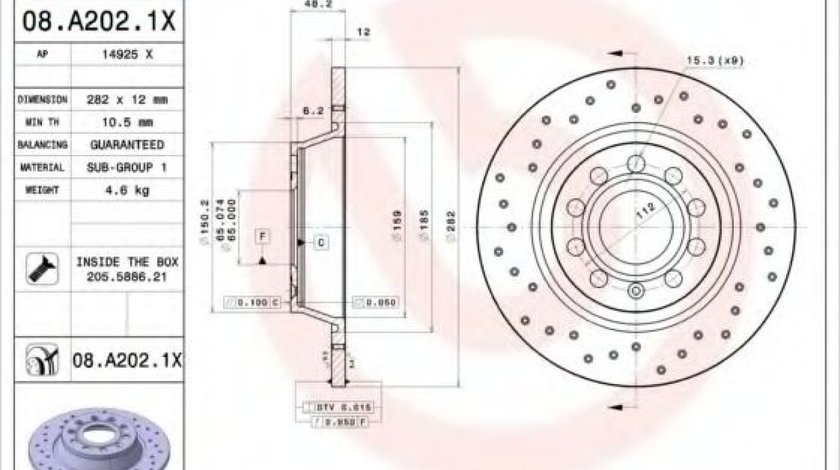 Disc frana AUDI Q3 (8U) (2011 - 2016) BREMBO 08.A202.1X piesa NOUA