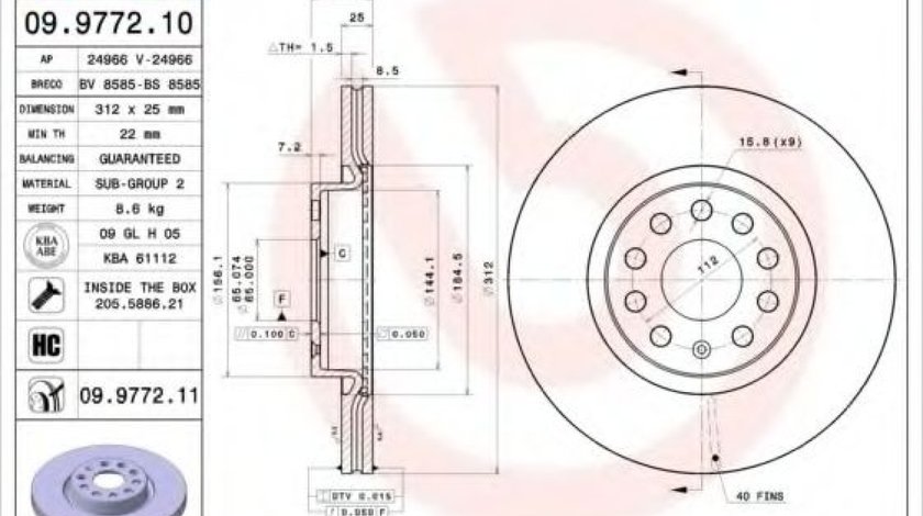 Disc frana AUDI Q3 (8U) (2011 - 2016) BREMBO 09.9772.11 piesa NOUA