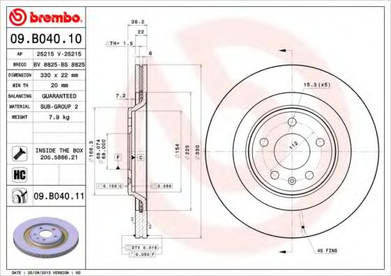 Disc frana AUDI Q5 (8R) (2008 - 2016) BREMBO 09.B040.11 piesa NOUA