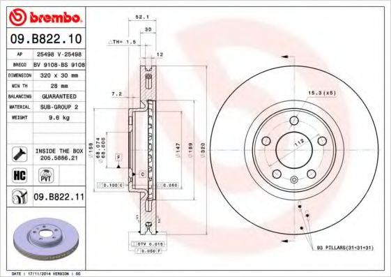 Disc frana AUDI Q5 (8R) (2008 - 2016) BREMBO 09.B822.11 piesa NOUA