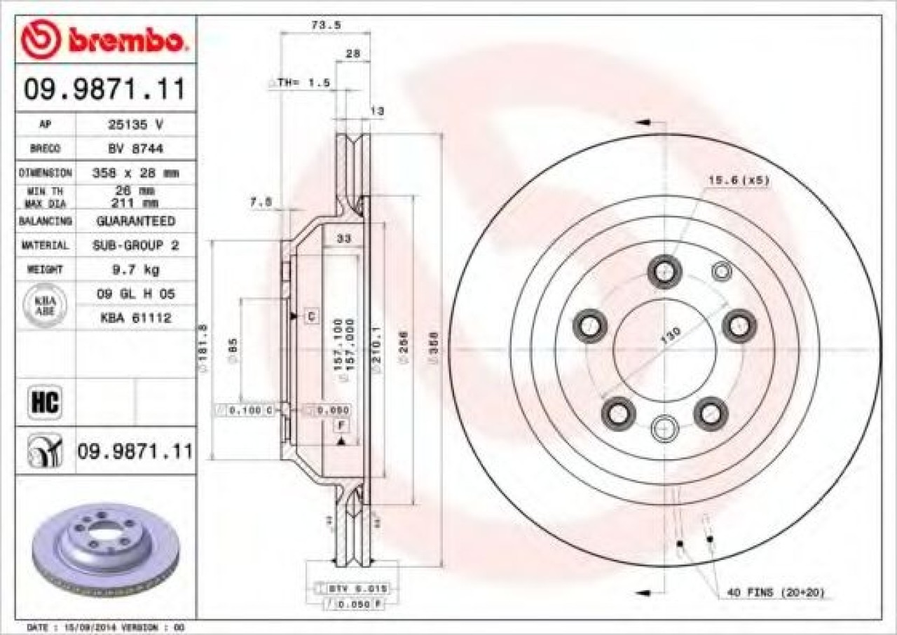 Disc frana AUDI Q7 (4L) (2006 - 2015) BREMBO 09.9871.11 piesa NOUA