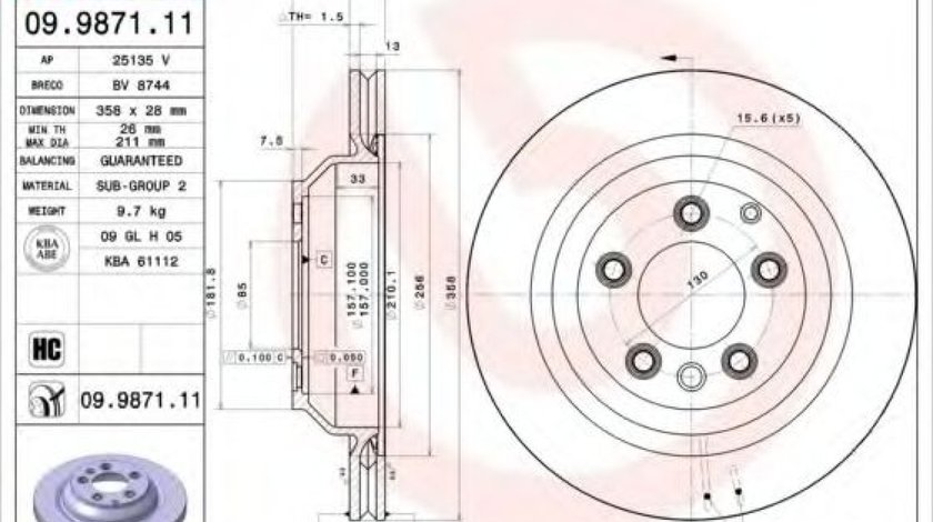 Disc frana AUDI Q7 (4L) (2006 - 2015) BREMBO 09.9871.11 piesa NOUA