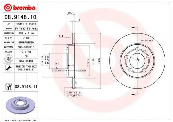 Disc frana AUDI TT (8N3) (1998 - 2006) BREMBO 08.9148.11 piesa NOUA