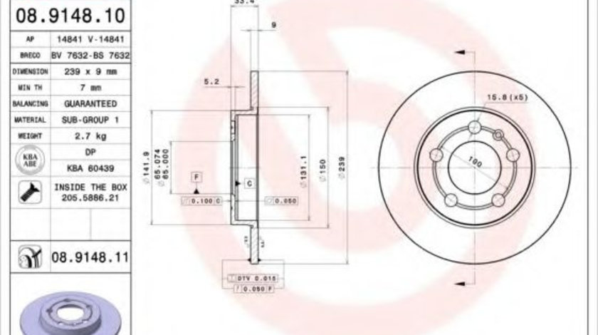 Disc frana AUDI TT (8N3) (1998 - 2006) BREMBO 08.9148.11 piesa NOUA