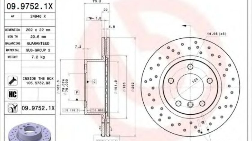 Disc frana BMW Seria 1 Cabriolet (E88) (2008 - 2013) BREMBO 09.9752.1X piesa NOUA