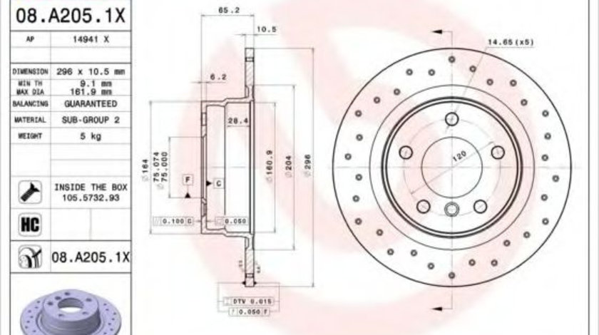 Disc frana BMW Seria 1 (E81) (2006 - 2012) BREMBO 08.A205.1X piesa NOUA