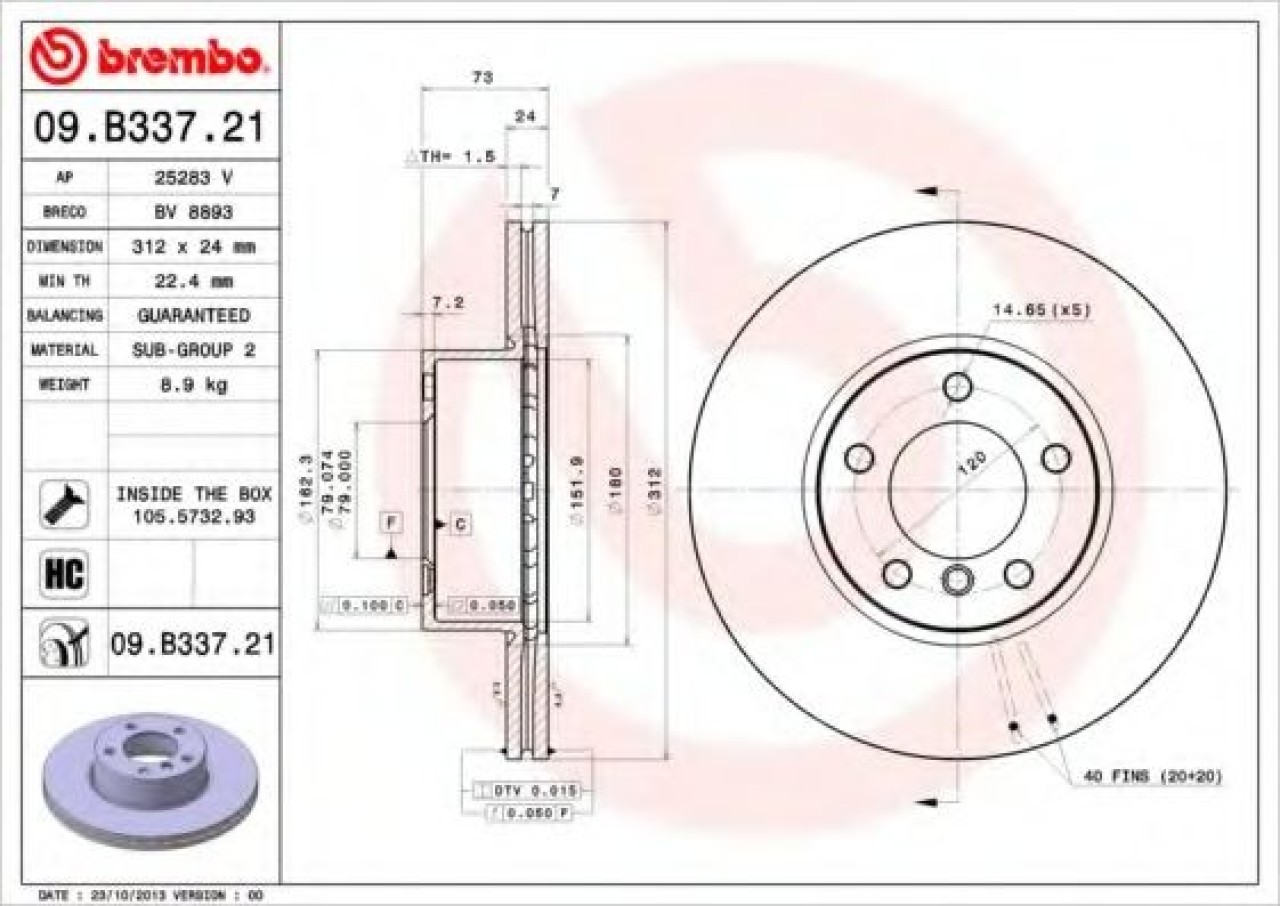 Disc frana BMW Seria 3 Cabriolet (E93) (2006 - 2013) BREMBO 09.B337.21 piesa NOUA