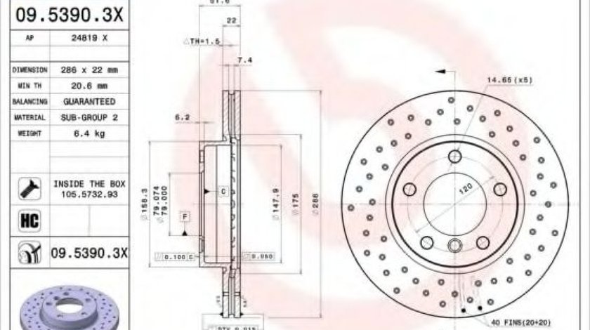 Disc frana BMW Seria 3 Compact (E36) (1994 - 2000) BREMBO 09.5390.3X piesa NOUA