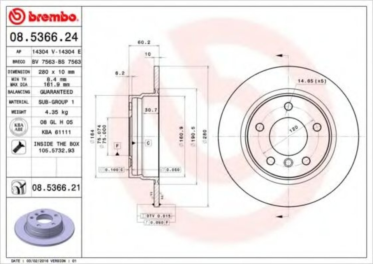 Disc frana BMW Seria 3 (E46) (1998 - 2005) BREMBO 08.5366.21 piesa NOUA
