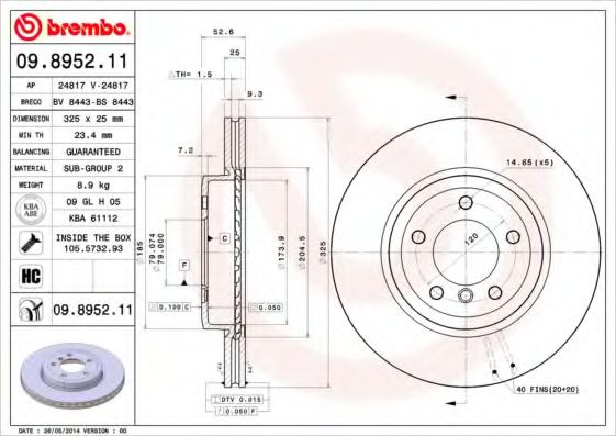 Disc frana BMW Seria 3 (E46) (1998 - 2005) BREMBO 09.8952.11 piesa NOUA