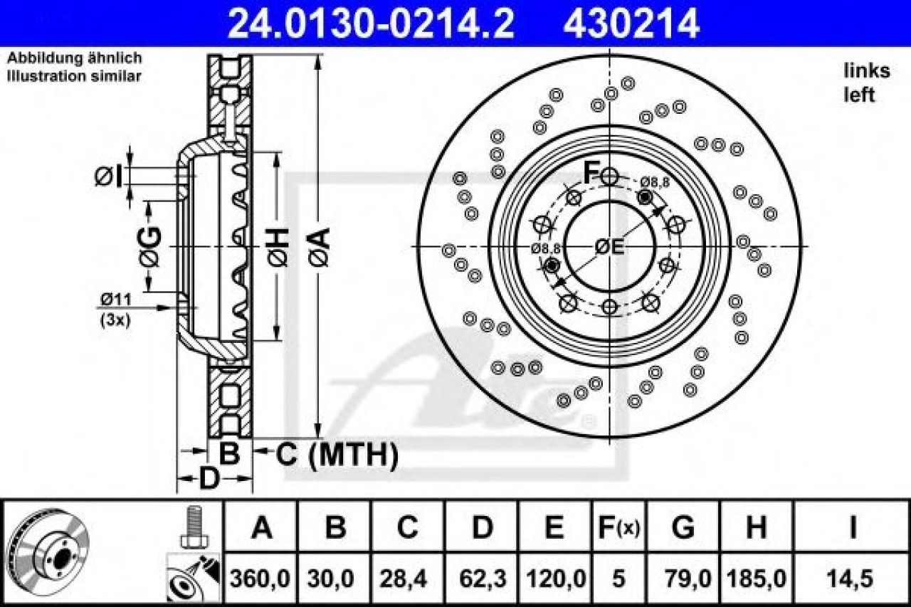 Disc frana BMW Seria 3 (E90) (2005 - 2011) ATE 24.0130-0214.2 piesa NOUA