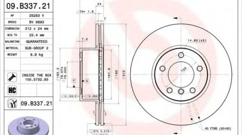 Disc frana BMW Seria 3 (E90) (2005 - 2011) BREMBO 09.B337.21 produs NOU