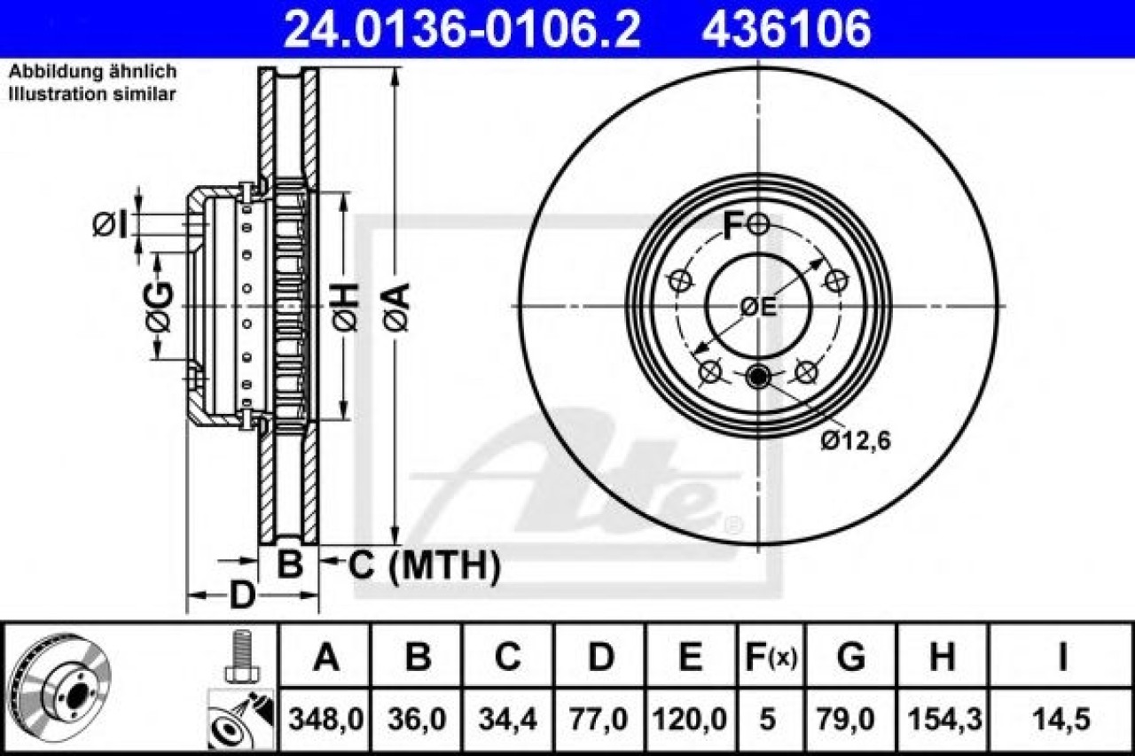 Disc frana BMW Seria 5 (E60) (2003 - 2010) ATE 24.0136-0106.2 piesa NOUA