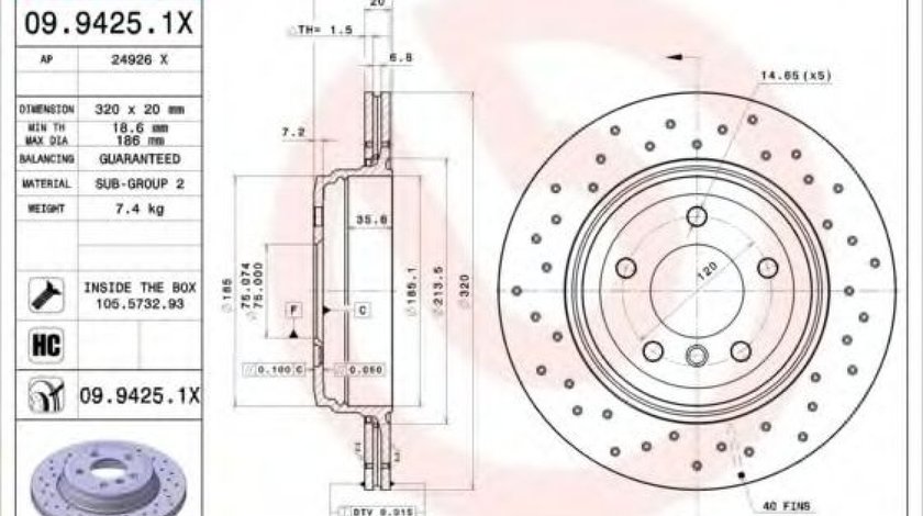 Disc frana BMW Seria 5 (E60) (2003 - 2010) BREMBO 09.9425.1X piesa NOUA