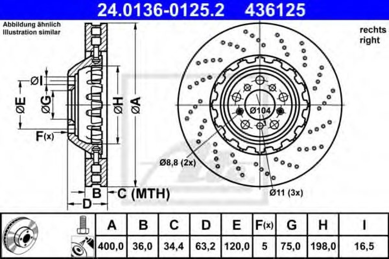 Disc frana BMW Seria 5 (F10, F18) (2009 - 2016) ATE 24.0136-0125.2 piesa NOUA