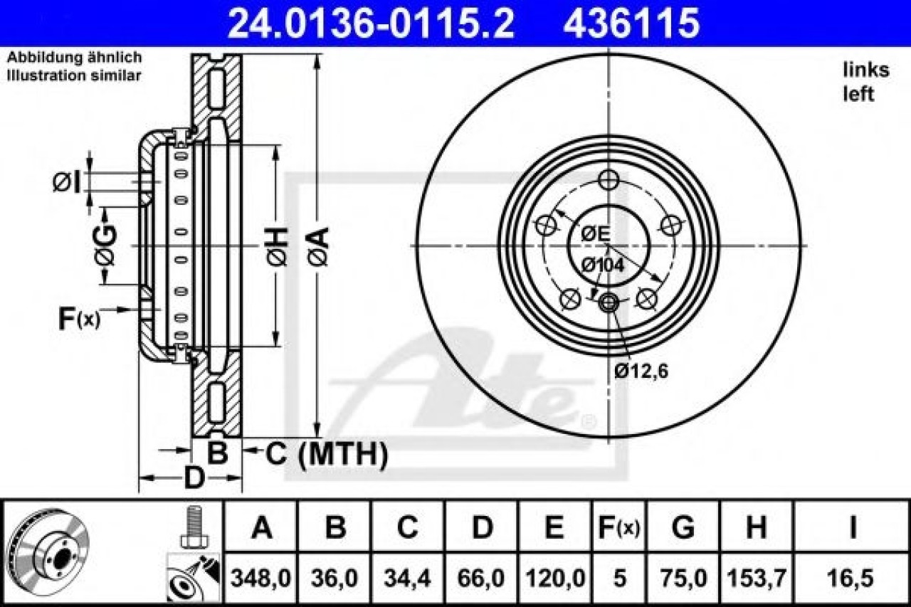Disc frana BMW Seria 5 (F10, F18) (2009 - 2016) ATE 24.0136-0115.2 piesa NOUA