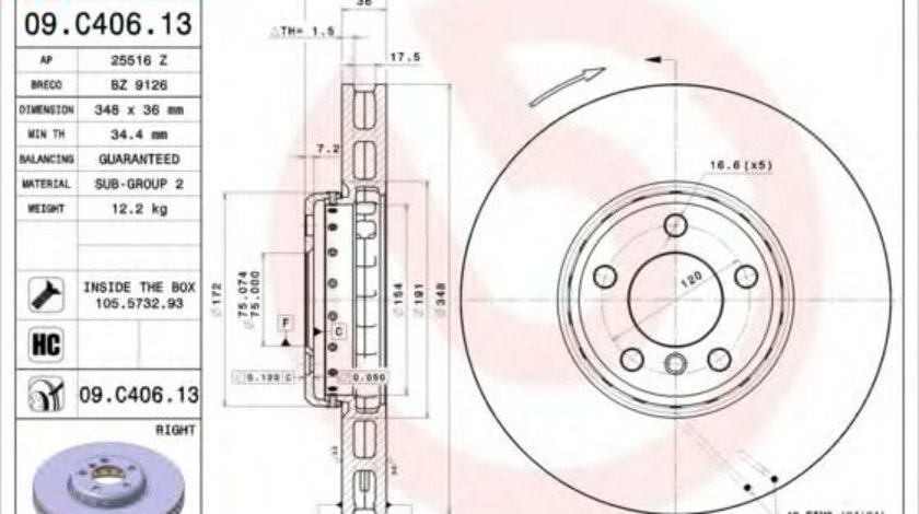 Disc frana BMW Seria 5 (F10, F18) (2009 - 2016) BREMBO 09.C406.13 piesa NOUA