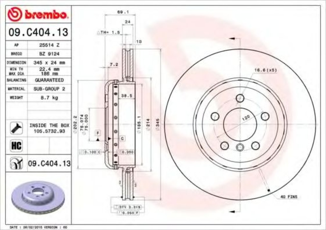 Disc frana BMW Seria 5 (F10, F18) (2009 - 2016) BREMBO 09.C404.13 piesa NOUA