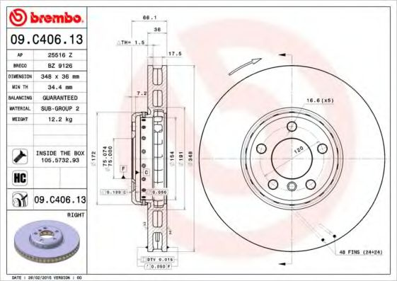 Disc frana BMW Seria 5 Touring (F11) (2010 - 2016) BREMBO 09.C406.13 piesa NOUA