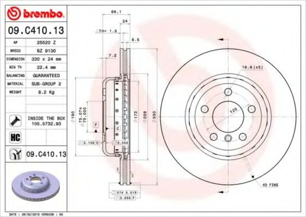 Disc frana BMW Seria 5 Touring (F11) (2010 - 2016) BREMBO 09.C410.13 piesa NOUA