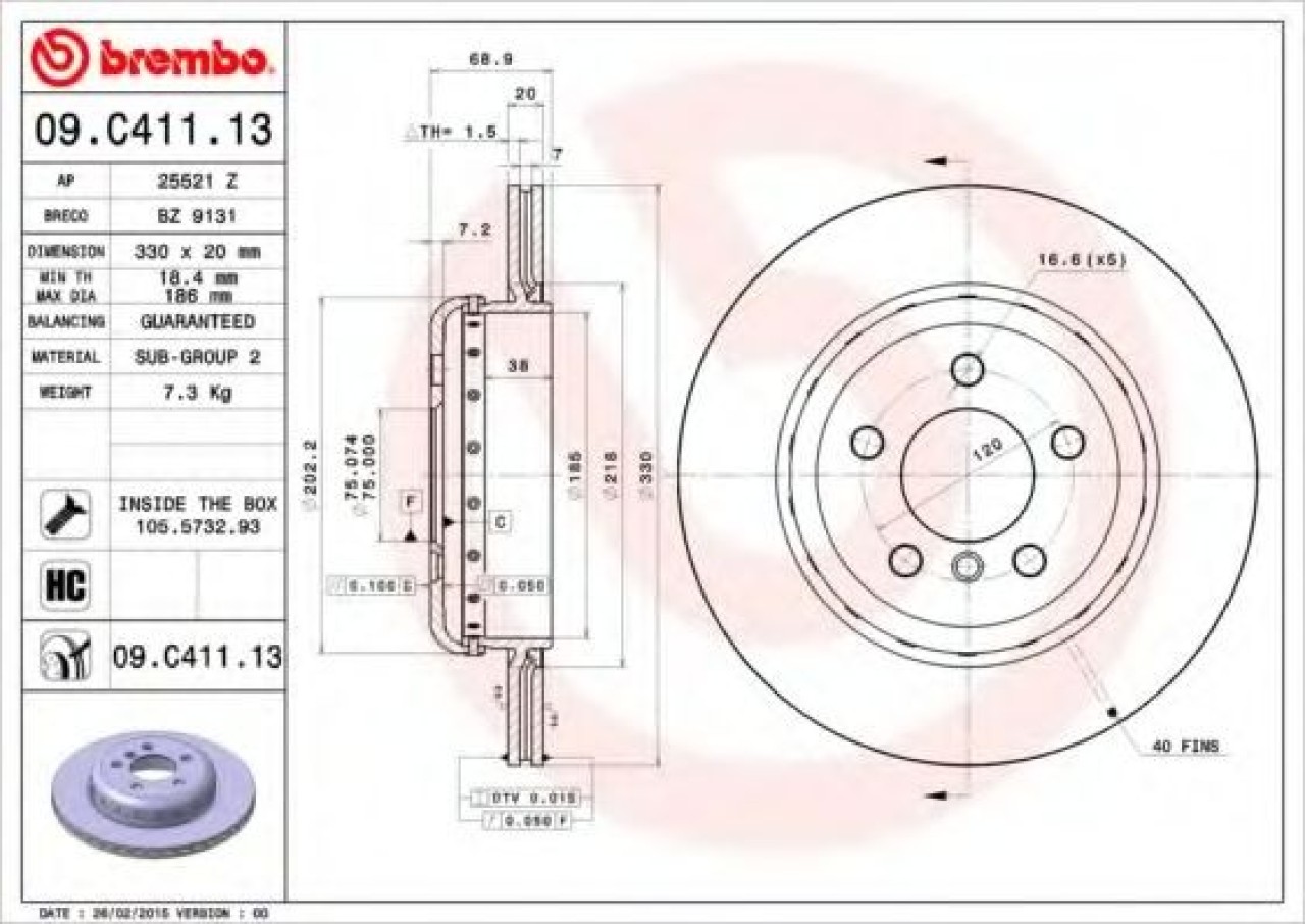 Disc frana BMW Seria 5 Touring (F11) (2010 - 2016) BREMBO 09.C411.13 piesa NOUA