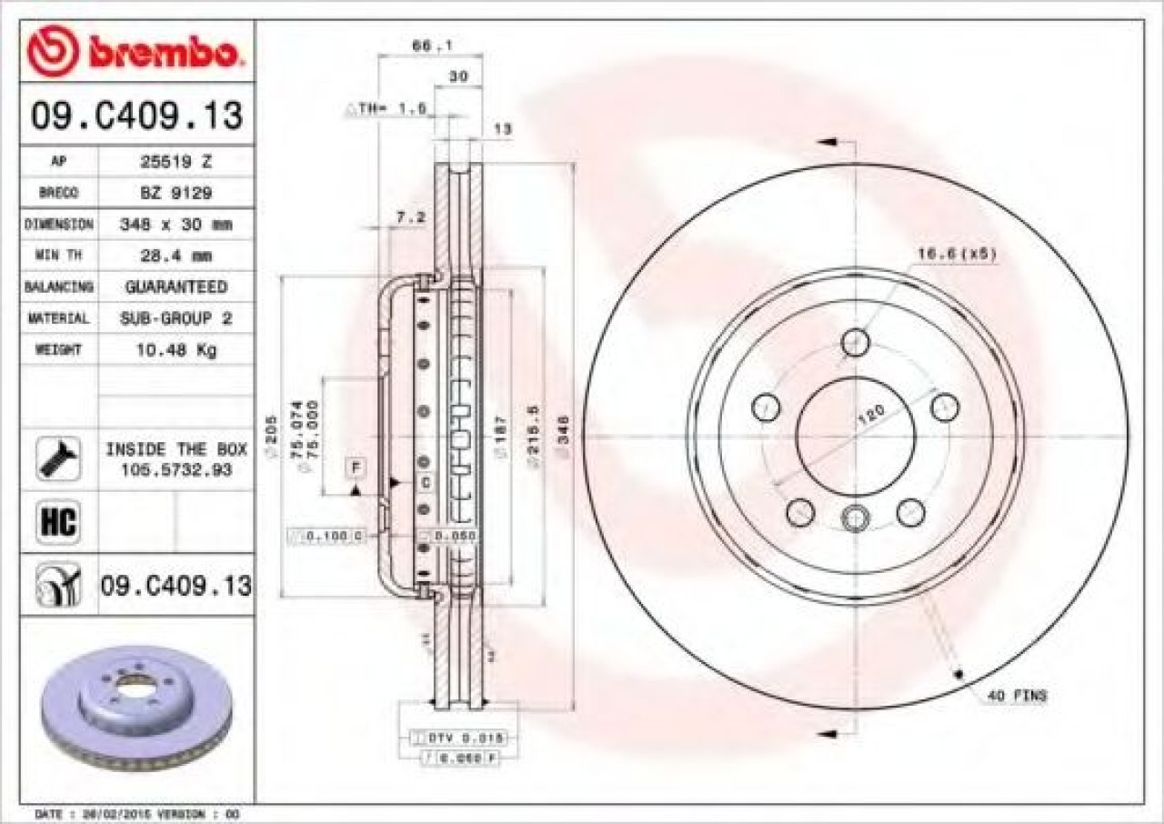 Disc frana BMW Seria 6 Cabriolet (F12) (2011 - 2016) BREMBO 09.C409.13 piesa NOUA
