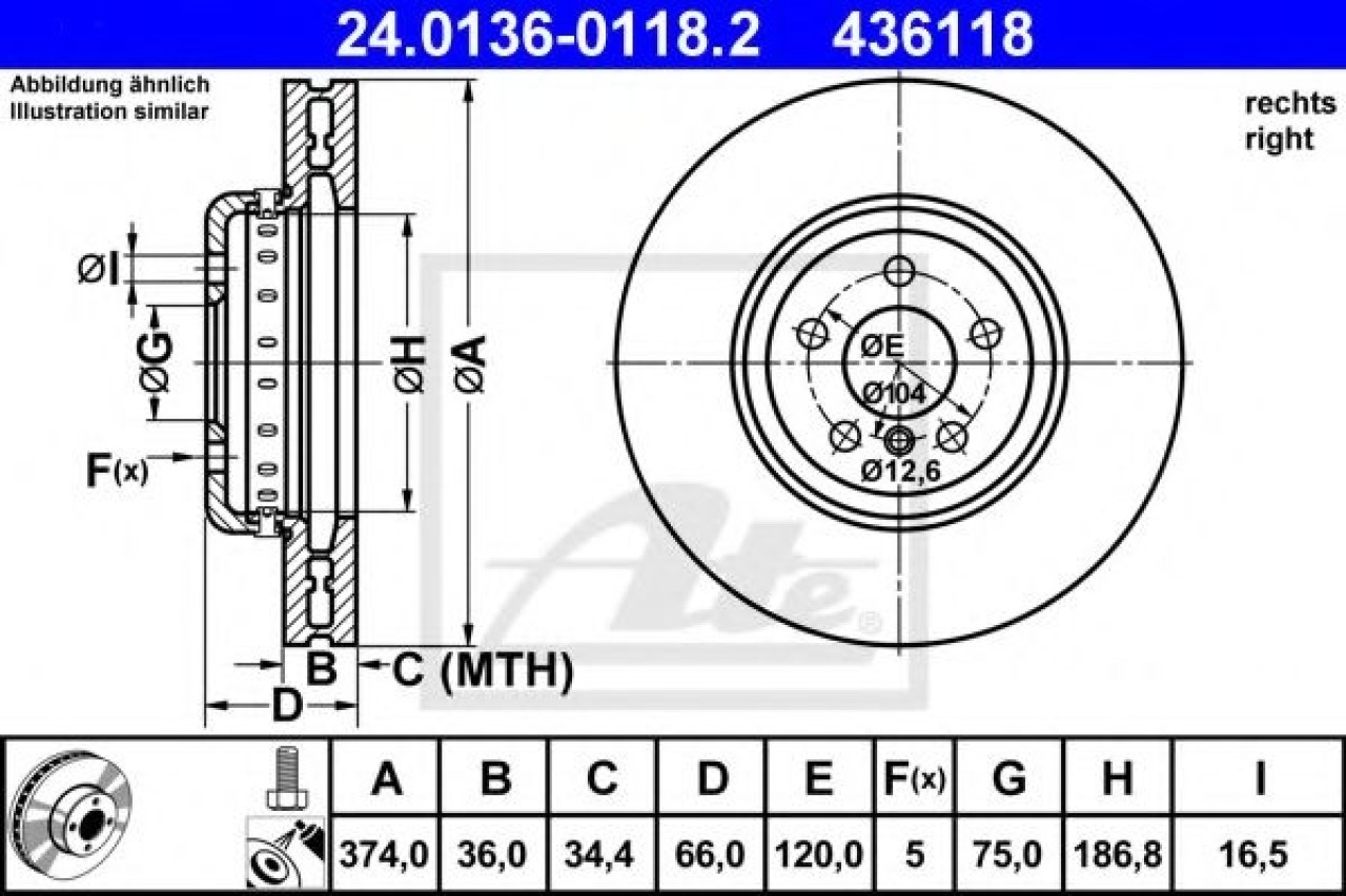 Disc frana BMW Seria 6 Cupe (F13) (2010 - 2016) ATE 24.0136-0118.2 piesa NOUA