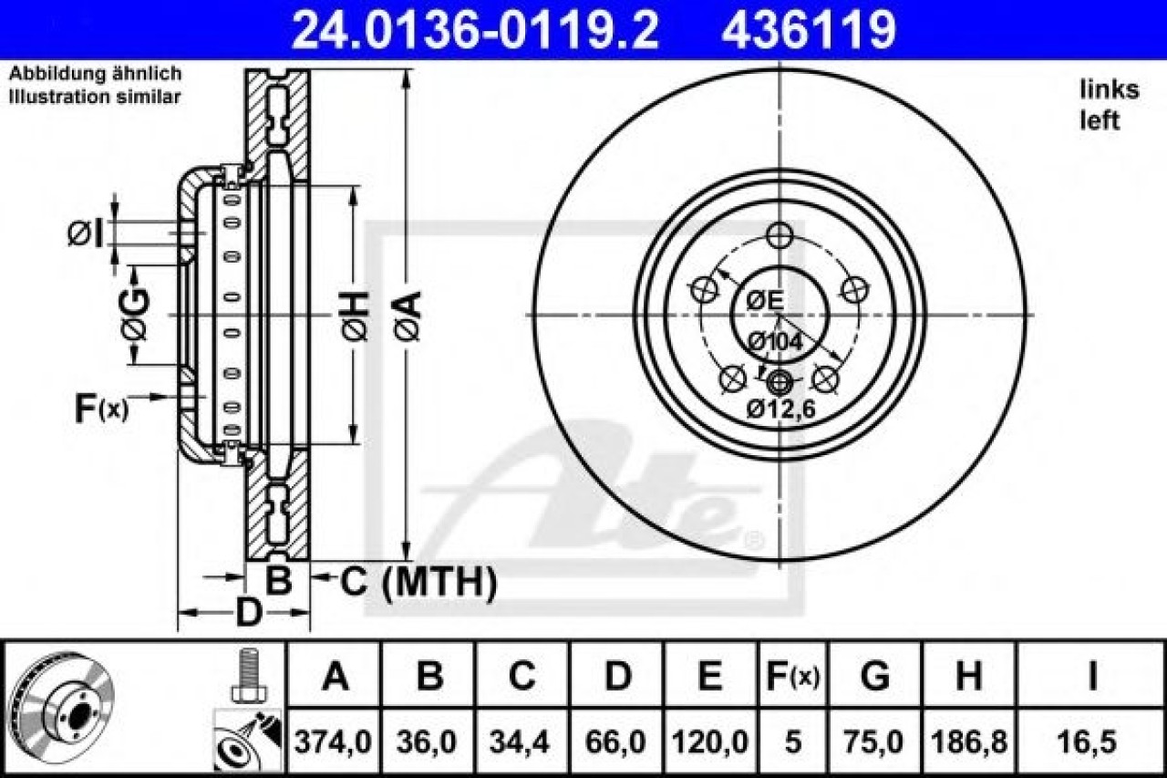 Disc frana BMW Seria 6 Cupe (F13) (2010 - 2016) ATE 24.0136-0119.2 piesa NOUA