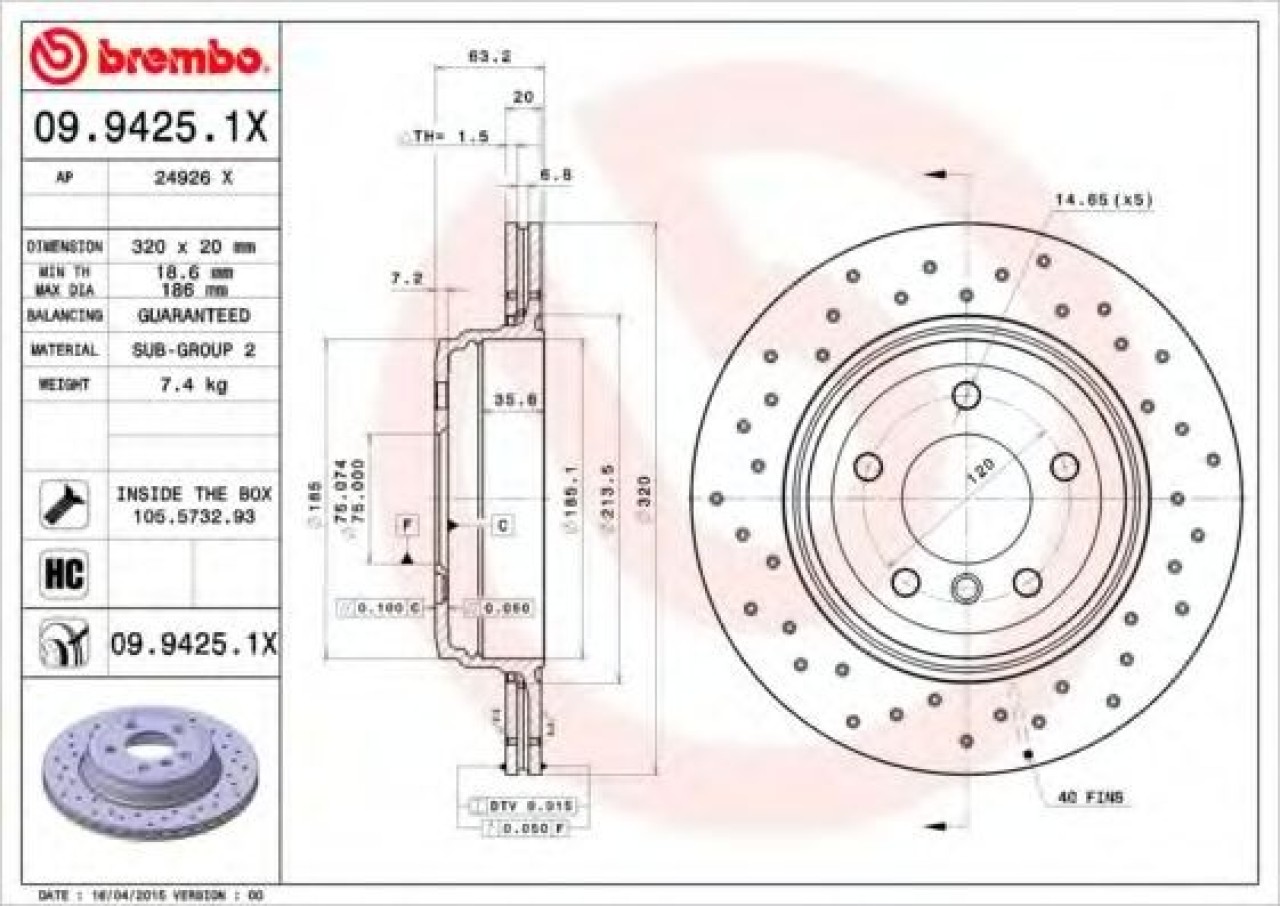 Disc frana BMW Seria 6 (E63) (2004 - 2010) BREMBO 09.9425.1X piesa NOUA