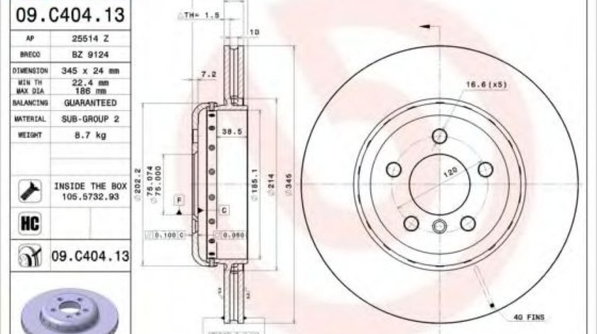 Disc frana BMW Seria 7 (F01, F02, F03, F04) (2008 - 2015) BREMBO 09.C404.13 piesa NOUA