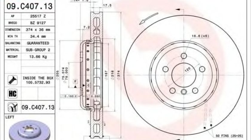 Disc frana BMW Seria 7 (F01, F02, F03, F04) (2008 - 2015) BREMBO 09.C407.13 piesa NOUA