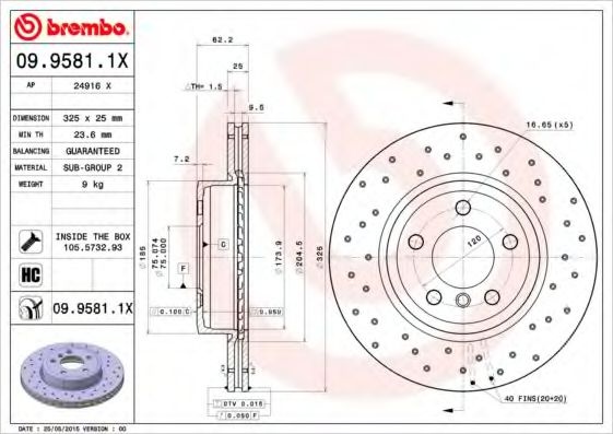Disc frana BMW X3 (E83) (2004 - 2011) BREMBO 09.9581.1X piesa NOUA
