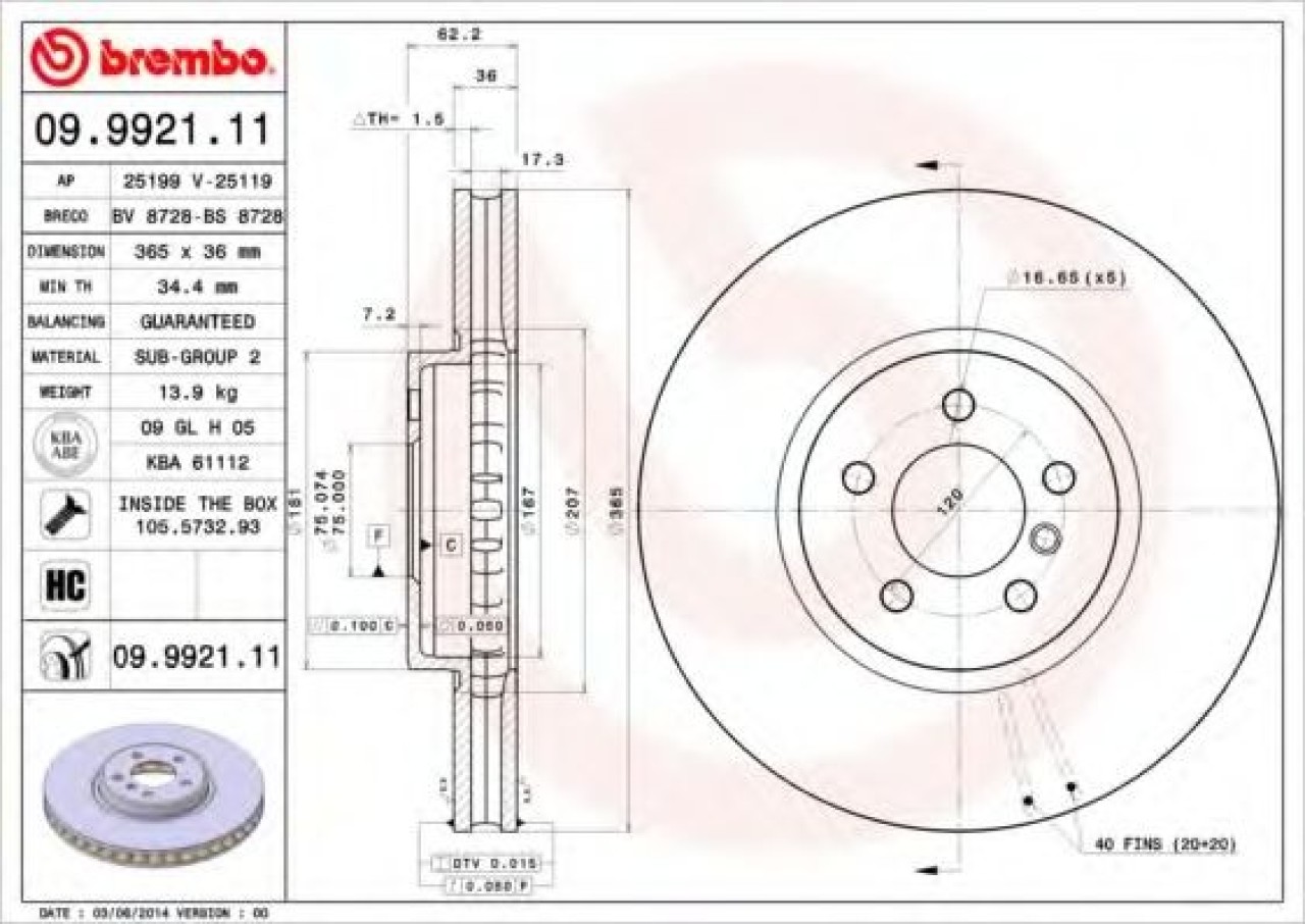 Disc frana BMW X5 (E70) (2007 - 2013) BREMBO 09.9921.11 piesa NOUA