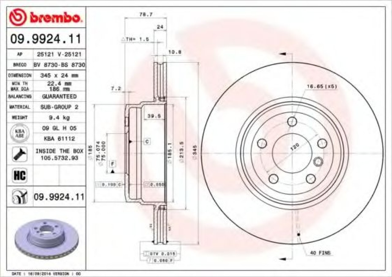 Disc frana BMW X5 (E70) (2007 - 2013) BREMBO 09.9924.11 piesa NOUA