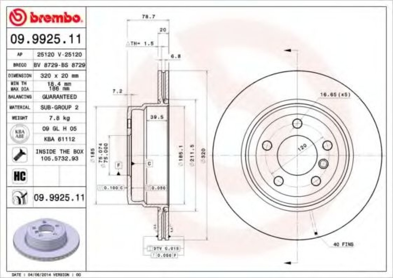 Disc frana BMW X6 (F16, F86) (2014 - 2016) BREMBO 09.9925.11 piesa NOUA