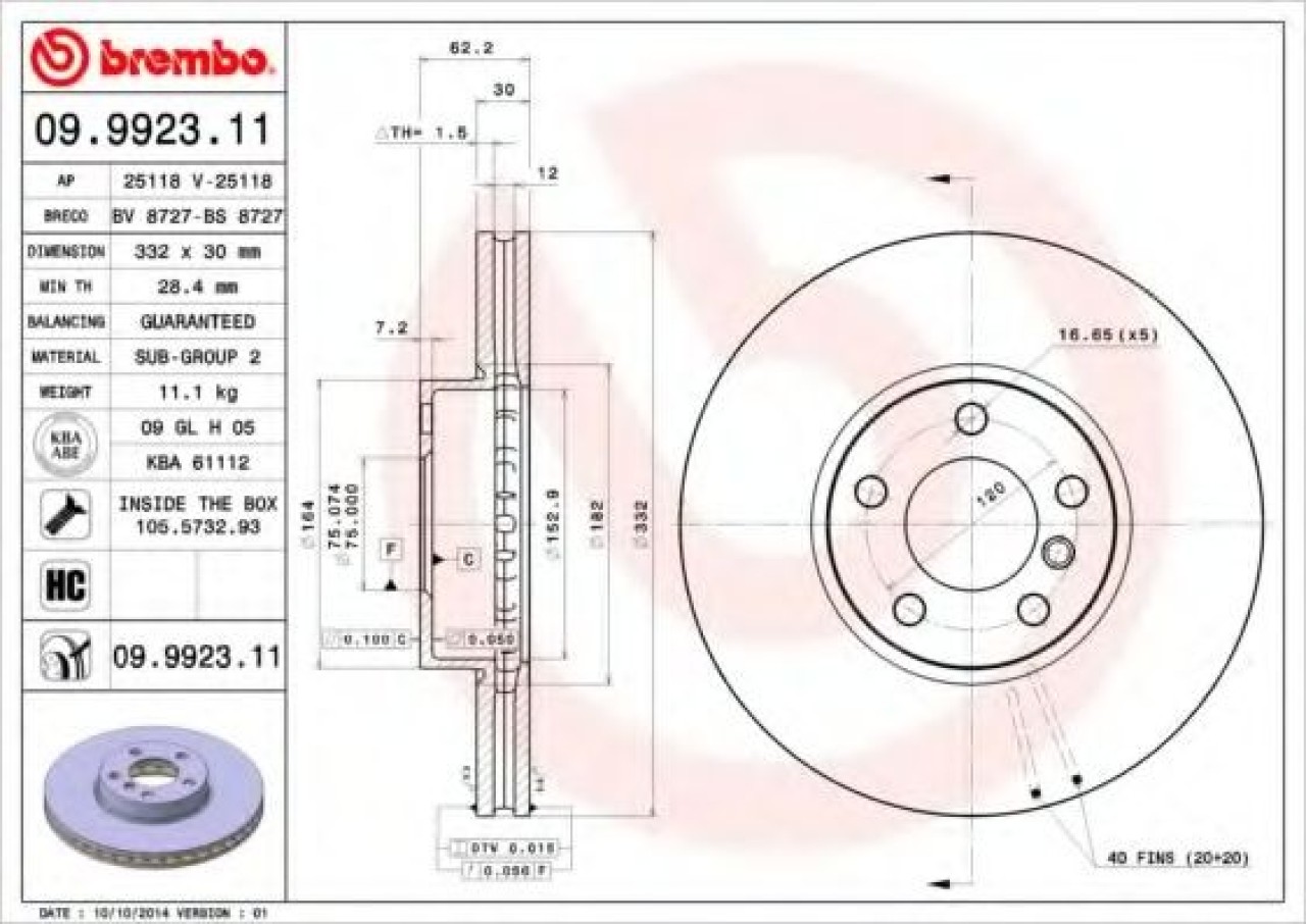 Disc frana BMW X6 (F16, F86) (2014 - 2016) BREMBO 09.9923.11 piesa NOUA