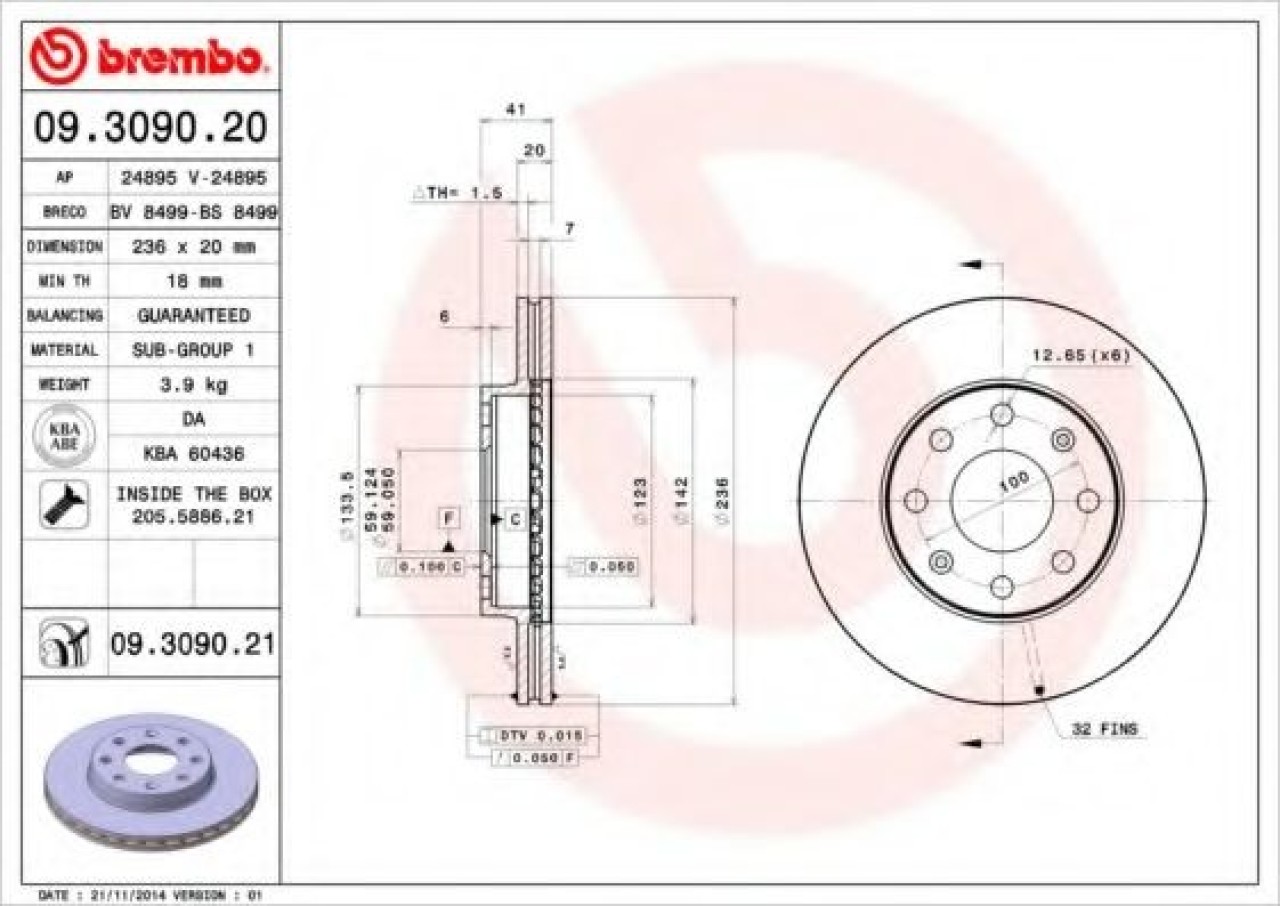 Disc frana CHEVROLET KALOS (2005 - 2016) BREMBO 09.3090.21 piesa NOUA