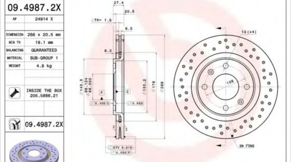 Disc frana CITROEN BERLINGO caroserie (M) (1996 - 2016) BREMBO 09.4987.2X piesa NOUA