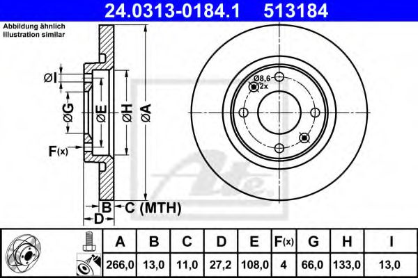 Disc frana CITROEN C2 ENTERPRISE (2009 - 2016) ATE 24.0313-0184.1 piesa NOUA