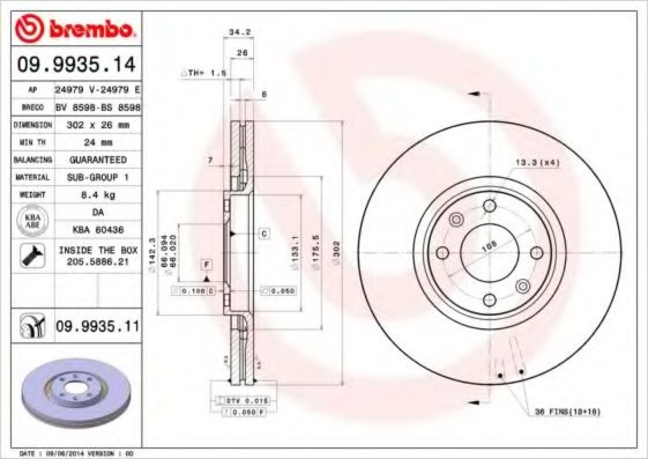 Disc frana CITROEN C4 Grand Picasso I (UA) (2006 - 2016) BREMBO 09.9935.11 piesa NOUA