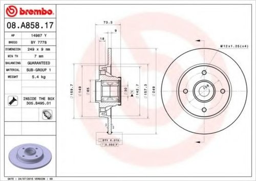 Disc frana CITROEN C4 II (B7) (2009 - 2016) BREMBO 08.A858.17 piesa NOUA