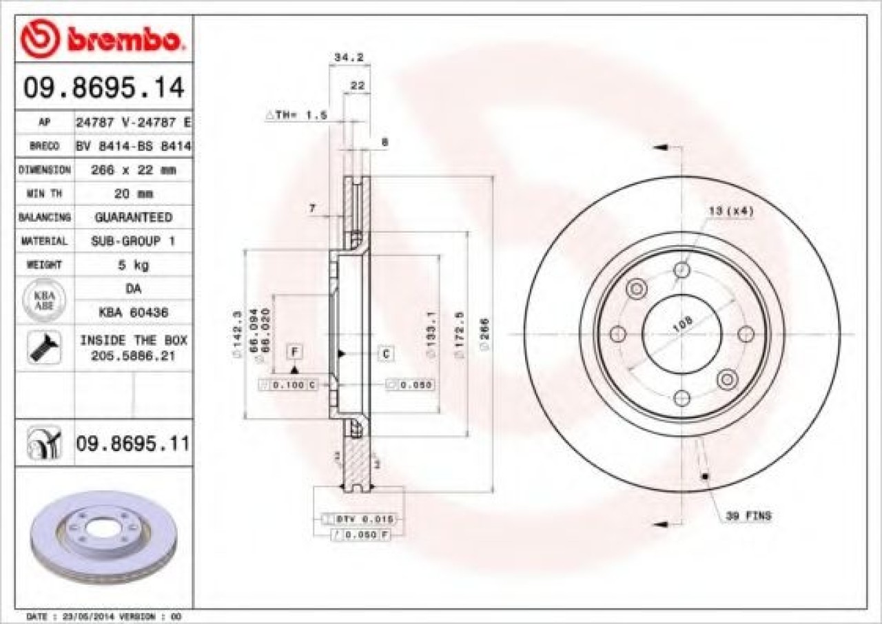 Disc frana CITROEN C5 I (DC) (2001 - 2004) BREMBO 09.8695.14 piesa NOUA
