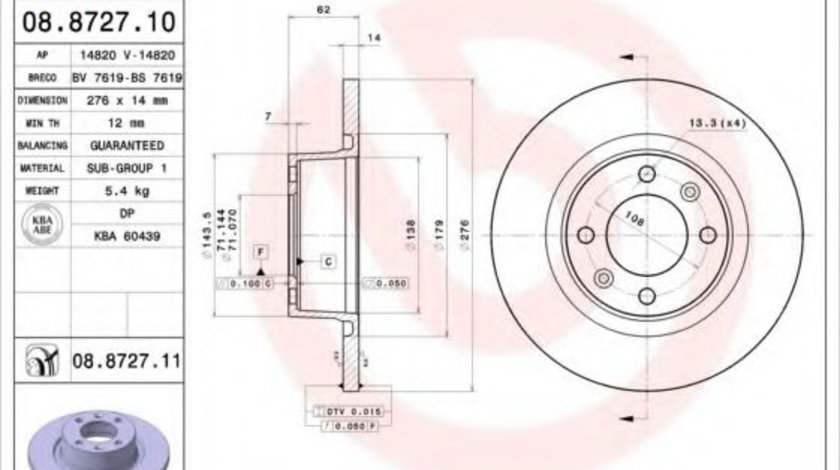 Disc frana CITROEN C5 I Estate (DE) (2001 - 2004) BREMBO 08.8727.11 piesa NOUA