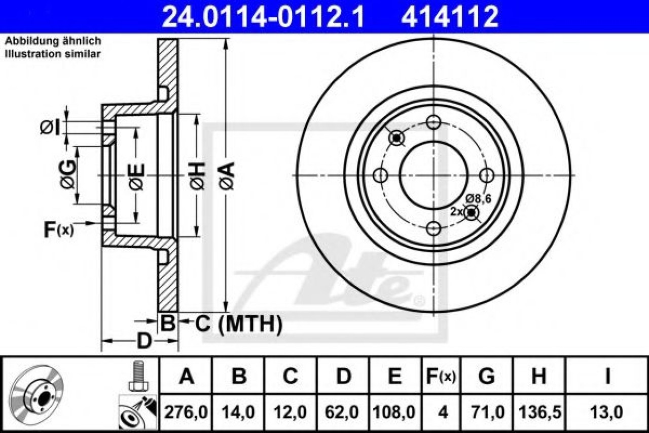 Disc frana CITROEN C5 II (RC) (2004 - 2016) ATE 24.0114-0112.1 piesa NOUA