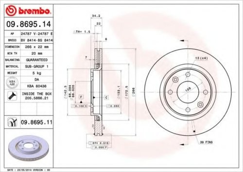 Disc frana CITROEN C5 II (RC) (2004 - 2016) BREMBO 09.8695.14 piesa NOUA