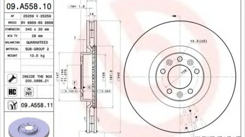 Disc frana CITROEN C5 III Break (TD) (2008 - 2016) BREMBO 09.A558.11 piesa NOUA