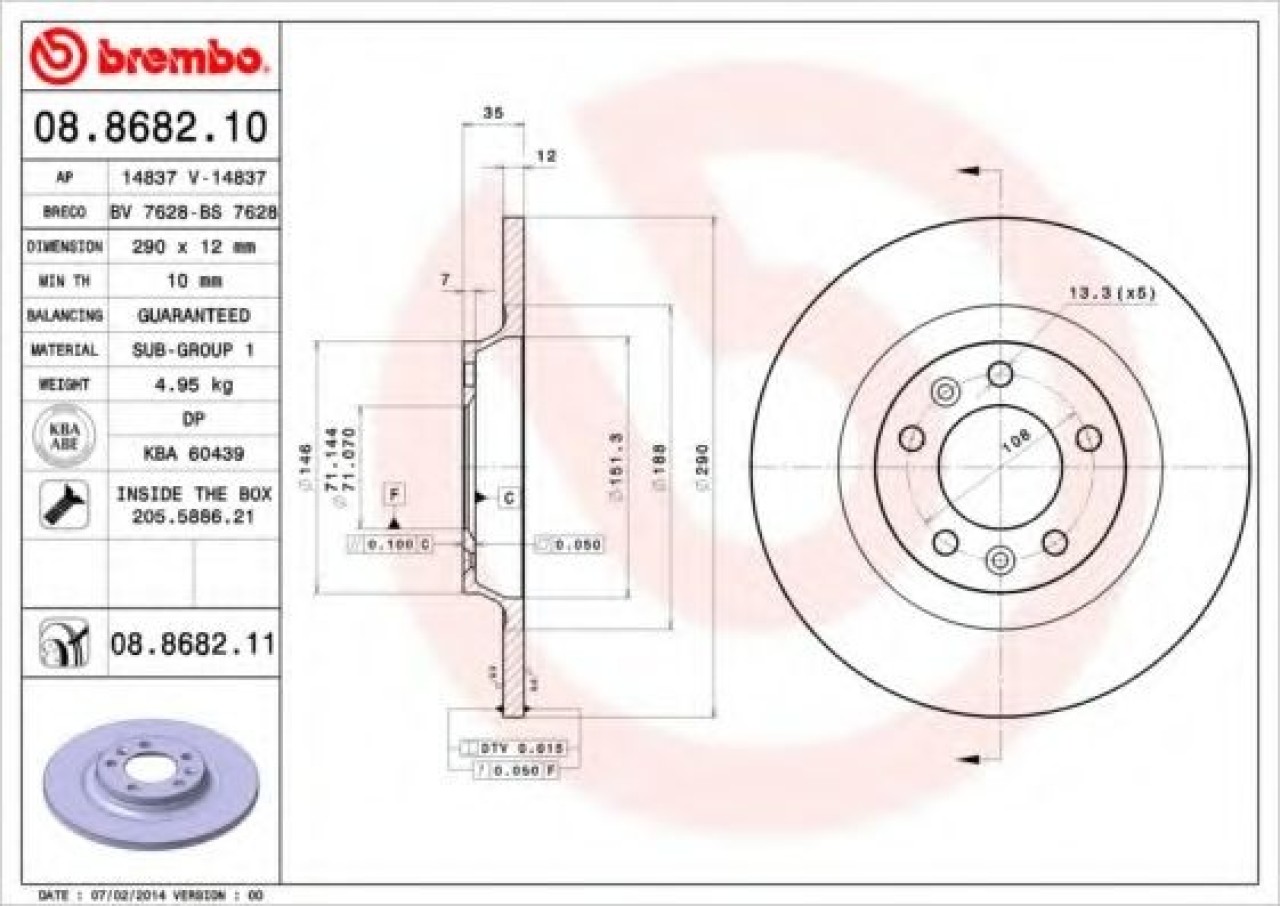 Disc frana CITROEN C5 III Break (TD) (2008 - 2016) BREMBO 08.8682.11 piesa NOUA
