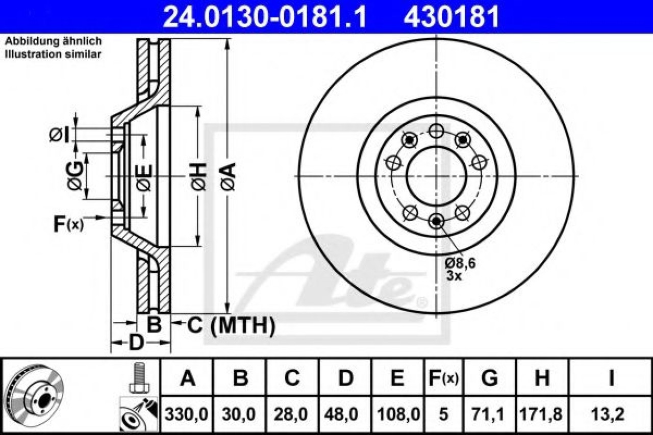 Disc frana CITROEN C6 (TD) (2005 - 2016) ATE 24.0130-0181.1 piesa NOUA