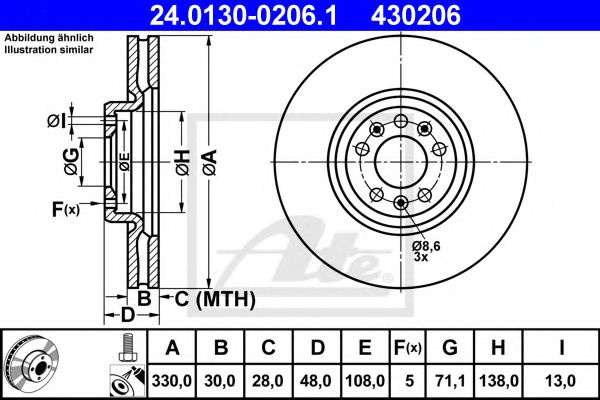 Disc frana CITROEN C6 (TD) (2005 - 2016) ATE 24.0130-0206.1 piesa NOUA